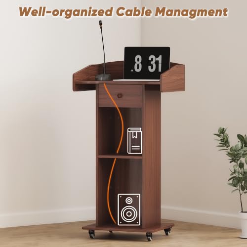 Portable Podium Stand with Metal Wheels, Rolling Podium with Drawer and Adjustable Shelf, Mobile Pulpit for Church, Wooden Lectern for Classroom Office Restaurant Conference (Brown) - color: Brown