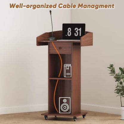 Portable Podium Stand with Metal Wheels, Rolling Podium with Drawer and Adjustable Shelf, Mobile Pulpit for Church, Wooden Lectern for Classroom Office Restaurant Conference (Brown) - color: Brown