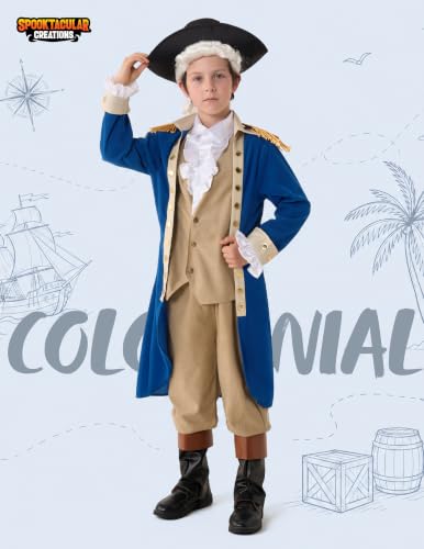 Spooktacular Creations George Washington Costume for Kids, Colonial Boys Costume with Wig and Hat for Halloween DressUp Party - size: Medium (8-10yr)