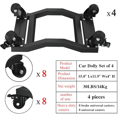 Car Dolly Set of 4, 6,800 lb Capacity - Industrial Grade Stainless Steel Vehicle Moving Dollies with Locking Caster Wheels & U-Shaped Design for Cars, SUVs, Trucks, Trailers - size: Car Dolly Set of 4