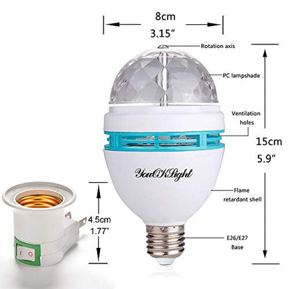 YouOKLight E26 Rotating RGB Disco Ball Light, LED Strobe Bulb Magic Ball Light, for Birthday Party Club Bar Karaoke Halloween Christmas