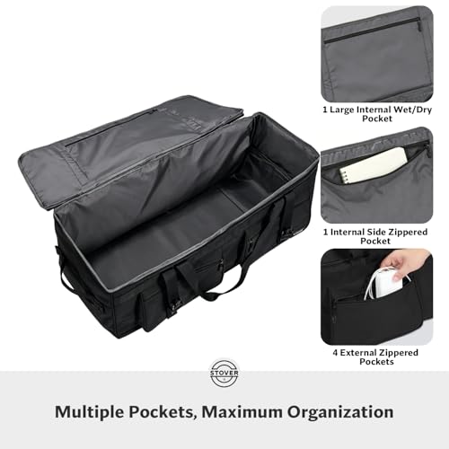 STOVER 45/80/100L U-Zip Rolling Duffel Bag with Wheels, X-Large Durable Travel Duffle + Toiletry Bag, Lay-Flat Opening, Packable w/Shoulder Straps- Use as Luggage or Backpack, Men/Women (Black) - color: U-Zip Voyager Black