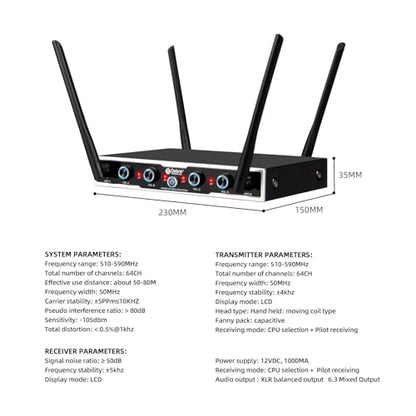 D Debra Audio Wireless Microphone System Pro DU4004 UHF 4 * 16 Adjustable Channel Wireless Handheld Lavalier Headset Mics, Ideal for Meeting Church Speech Party (2 Handheld 2 Bodypack) - color: 2 Handheld 2 Bodypack