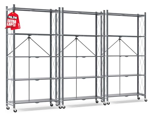 ALANNG 70.7" H Metal Storage Shelves, 5 Tier Folding Shelf on Wheels | Heavy Duty, No Assembly, Rolling, Collapsible Rack Unit for Kitchen, Basement, Pantry (Gray,3 Pack) - color: Grey