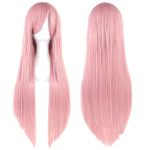 80cm Long Straight Natural Hair Cosplay Wigs with Bangs Colorful Halloween Costume Party Wig for Women (Pink) - color: Pink