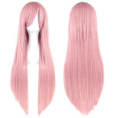 80cm Long Straight Natural Hair Cosplay Wigs with Bangs Colorful Halloween Costume Party Wig for Women (Pink) - color: Pink