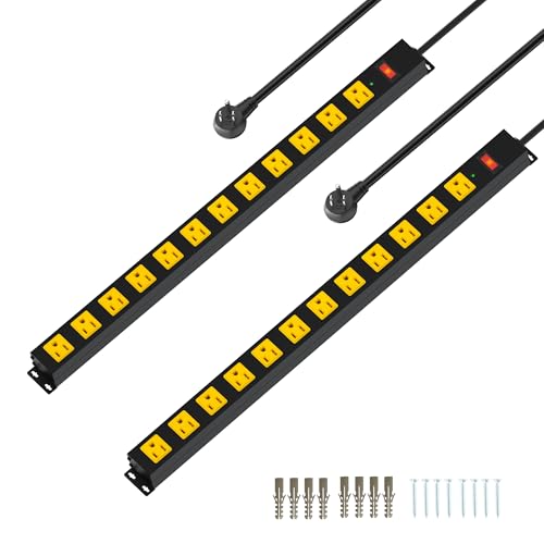 Metal 12 Outlet Mountable Power Strip, 2100J Surge Protector with Heavy Duty 6ft Extension Cord, Wide Spaced and Wall Mount Metal Powerstrip for Garage, Desk, Industrial, Shop and Indoor (6ft - 2Pack) - size: 6ft - 2Pack