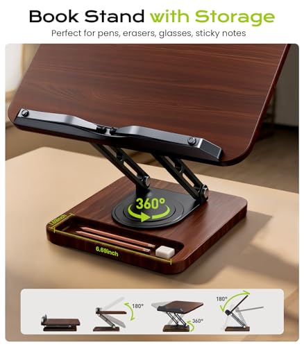 LOXP Book Stand with Storage, 360° Rotating Cookbook Stand, Ergonomic | Adjustable height angle,Hands-free, anti-slip base, Elastic Page Clips for Laptop Tablet, Foldable for Kitchen School