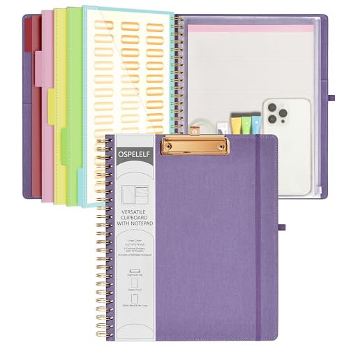 Ospelelf Foldable Spiral Clipboard Folio with Storage Zipper Pouch, 5 Plastic Folders with 10 Pockets,Refillable Lined Notepad (11" x 8.5"), Hardcover Project Organizer with 39 Stickers (Purple) - color: Purple