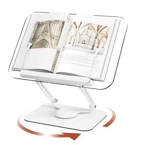 BYMECOST Acrylic Book Stand for Reading, Adjustable Book Holder, White | Foldable Desktop Riser Stand with 360° Rotating Base & Elastic Page Clips, for Cookbook,Laptop,Tablet,Music Scores,Textbook - color: White