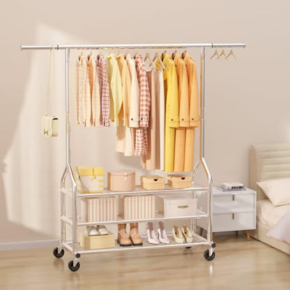 EAGMAK Heavy Duty Clothes Rack Load 688 LBS, Rolling Clothing Rack With 3 Shelves, Adjustable Metal Clothes Hanger with Wheels Portable Wardrobe Organizer Garment Rod for Hanging Clothes (Silver) - color: Silver, style: 3 Shelves