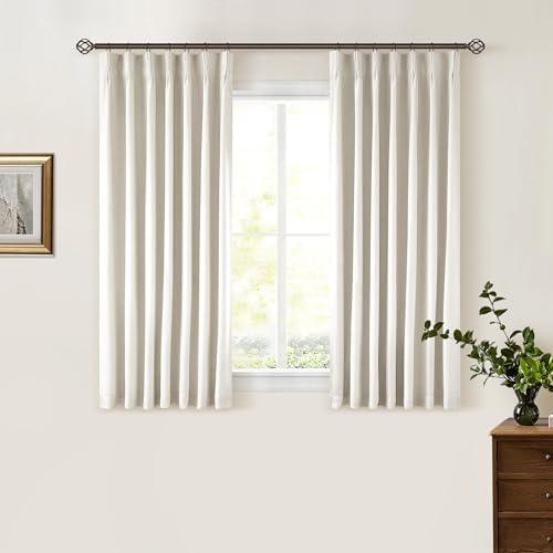 Cream Pleated 100% Blackout Linen Short 45 Inch Curtains 2 Layers Natural - color: Natural Linen, size: 40"W x 45"L (Pack of 2)