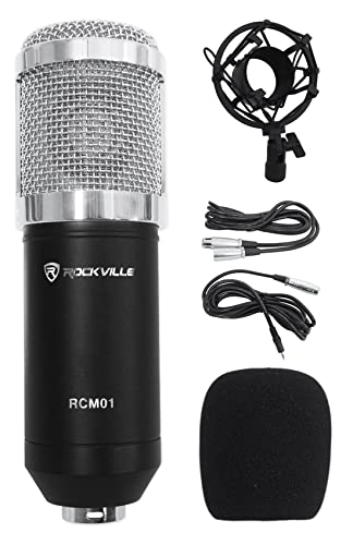 Rockville RCM01 Pro Studio Condenser Microphone, 200 Ohm, Cardioid Pattern, Metal Shock Mount, 30Hz-20kHz Frequency, XLR and 3.5mm Cables, for Vocals and Podcasting | 25mm Diaphragm, Cardioid, 48V Phantom Power, 30Hz-20kHz, 130dB SPL, 10 Ft XLR/3.5mm Cabl
