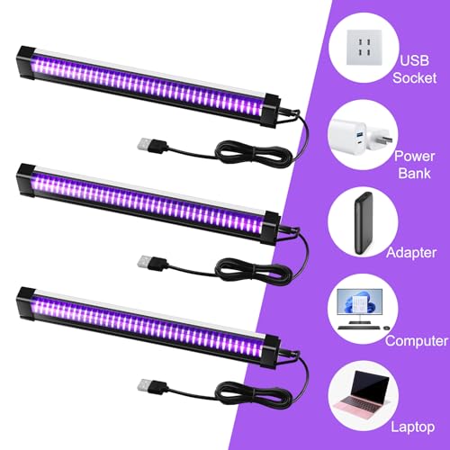 3 Pcs Black Light Bar, 12W 1ft USB Blacklight Strip Light for Glow Party, Magnetic Black Light Strip Tube, Portable LED Black Light for Fluorescent Tapestry Poster Body Paint Christmas Cabinet