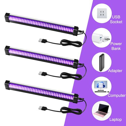 3 Pcs Black Light Bar, 12W 1ft USB Blacklight Strip Light for Glow Party, Magnetic Black Light Strip Tube, Portable LED Black Light for Fluorescent Tapestry Poster Body Paint Christmas Cabinet