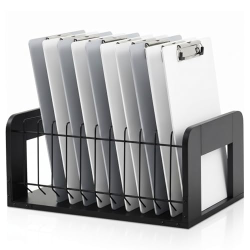 Yookeer 1 Pcs Vertical Clipboard Holder, Desk File Organizer Storage Rack, 12 Slot Wooden and Metal Clipboard Organizer, Storage Stand Rack for Home, Office, No Assembly Required (Black) - color: Black