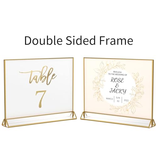 NIUBEE 5x7 Acrylic Sign Holder, Picture Frame, Wedding Table Numbers, 6pack | Horizontal Stand,Gold Frames, Clear Double Sided, Gold Sign Holders Display for Menu Restaurant Signs, Photos, Party, Events - size: 5x7", style: Horizontal
