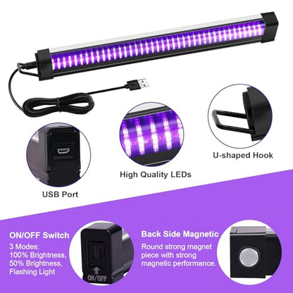 3 Pcs Black Light Bar, 12W 1ft USB Blacklight Strip Light for Glow Party, Magnetic Black Light Strip Tube, Portable LED Black Light for Fluorescent Tapestry Poster Body Paint Christmas Cabinet