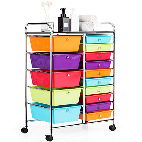HAPPYGRILL 15-Drawer Rolling Cart, Storage Carts with Removable Drawers & Steel Frame, Utility Cart on Lockable Wheels for Home, School, Office,Multicolorful - color: Colorful, size: 15 Drawer