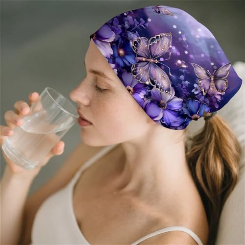 Art Owl Women's Slouchy Beanie Hat Cute Turban Hats Cancer Headwear Caps Baggy Skull Sleep Scarf - color: Purple Butterfly Floral