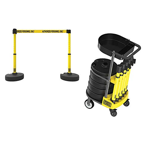 PL4004T Plus 75 ft Belt Barrier w/Cart Package & Tray | Mobile System, 5 Telescoping Stanchions, 15 ft Yellow "Authorized Personnel Only" Retractable Banners, Accessory Tray - style: Yellow: Authorized Personnel Only