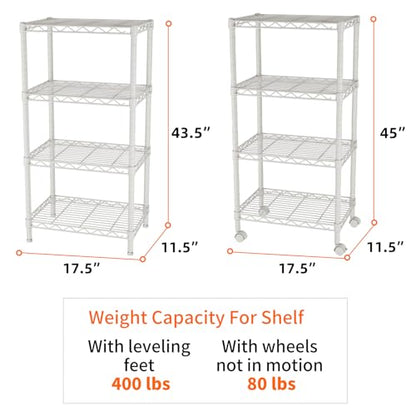 SINGAYE 4 Shelves Storage Shelf Wire Shelving Unit Metal Adjustable Wheels - color: White, size: 4Tier/11.5"D X 17.5"W X 45"H