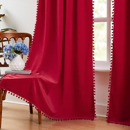 Red Pom Pom Velvet Curtains for Holiday Season 42"x84" Room Darkening Drape - color: Pom Pom- Red 2, size: 42"W x 84"L (Pack of 2)