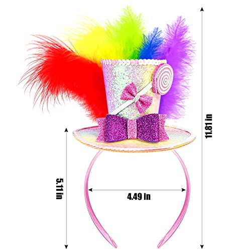Hikkcos Mini Top Hat Headband with Feathers Mardi Gras Costume Parade Halloween Valentines Day Lollipop Theme Party Supplies - color: Pink