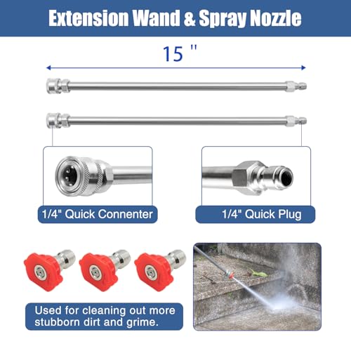 JANZ 14'' Pressure Washer Surface Cleaner | 4 Wheels, Stainless Steel Housing, 1/4'' Quick Plug, 2 Extension Wands, 2 Replacement Nozzles and 3 Spray Nozzles,4000 PSI - size: 14 Inch Silvery White