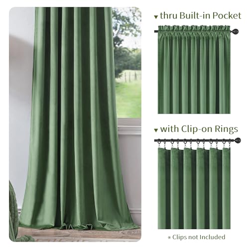 FMFUNCTEX Velvet Blackout Curtains Sage Green Thermal Insulated Curtains for Bedroom Living Room Darkening Curtains 90 Inches Long Soft Luxury Heavy Rod Pocket Sage Drapes Dining Room 2 Panels Set - color: Sage Green, size: 52"W x 90"L (Pack of 2)