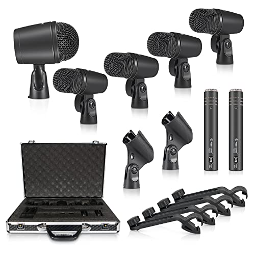 Phenyx Pro Drum Microphone Kit, 7-Piece Full Metal Wired Dynamic Mic Set for Bass/Tom/Snare/Hi-hat Cymbals, with Carrying Case, Holders, and Threaded Clips (PTD-10)