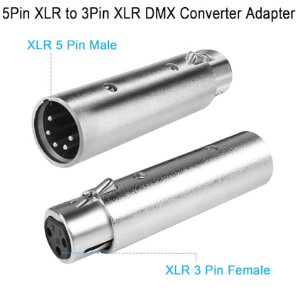 QIANRENON 5Pin XLR to 3Pin XLR DMX Converter Adapter - Male to Female Audio Connector, for DMX Stage Lighting & Microphone - style: 5M-3F