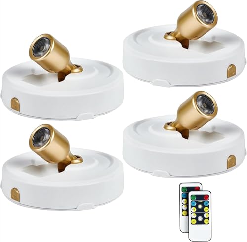 4-Pack LED Spotlight Battery Operated Picture Lights, Wireless Puck Lights with 2 Remote, Dimmable Stick Spotlights with Timmer for Wall Display Painting Dartboard Artwork Accent Closet - color: White Gold, size: 4 Pack