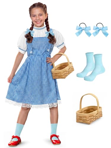 Girls Halloween Blue Gingham Costume | Multi-Piece Set, Book Character Style, Adjustable Front Straps, Puff-Sleeve Dress - color: White & Blue (4 Pcs), size: 6 Years