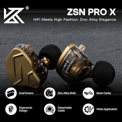 Linsoul KZ ZSN PRO X 1BA+1DD Hybrid Driver IEM HiFi Wired Earbuds | Metal HiFi in-Ear Monitor with Detachable Recessed 2Pin Cable, Zinc Alloy Panel, without Mic, Black - color: Gold, style: Without Mic