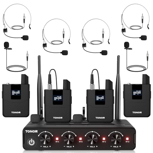 TONOR Wireless Microphones System with UHF Headset/Lavalier Lapel Mics, Bodypack Transmitter, Receiver, 4 * 10 Channels, 60 m/200ft Range for Church Conference Performance Singing Karaoke PA Speaker - color: Black