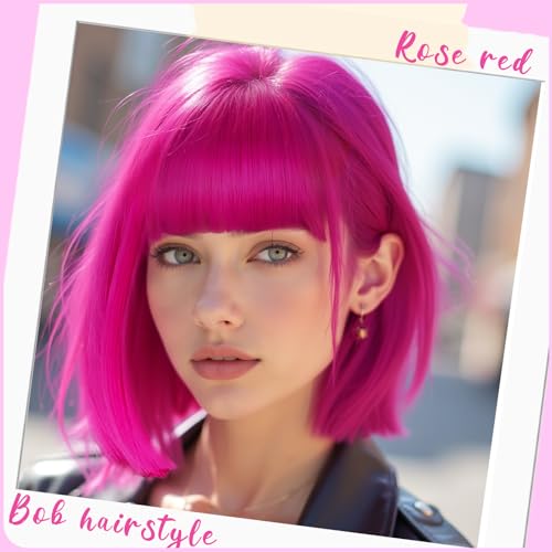 LIULIUBTY Short Bob Hair Wigs Straight with Flat Bangs Synthetic Colorful Cosplay Daily Party Neon Wig for Women with Wig Cap 12" Natural As Real (Hot Pink B) - color: Hot Pink B