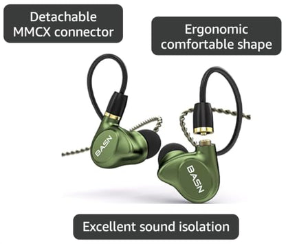 BASN Metalen 4 Drivers in-Ear Monitor Headphones (Metallic Green) | quad driver earbuds, noise isolating iems, deep bass for musicians drummers bassists, with carry iem case, memory foams - color: Green
