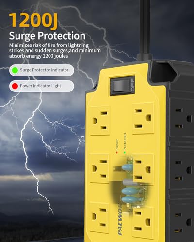 12AC Magnetic Heavy Duty Power Strip, 6.5 FT Extension Cord Surge Protector | PAEWOK 15 Amps/1200 Joules, 4 USB Ports (2 USB-C), Power Strip for Industrial Shop Garage, Yellow - style: 12AC+USB