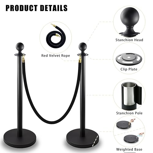 Black Stanchions and Velvet Ropes 6pcs Stainless Steel Posts | 4pcs 5ft Black Velvet Ropes Crowd Control Barriers with Durable Refillable Base for Wedding, Party & Exhibition Events - color: Black, size: 6 PCS