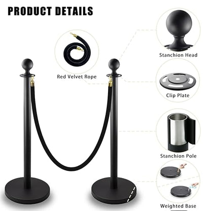 Black Stanchions and Velvet Ropes 6pcs Stainless Steel Posts | 4pcs 5ft Black Velvet Ropes Crowd Control Barriers with Durable Refillable Base for Wedding, Party & Exhibition Events - color: Black, size: 6 PCS