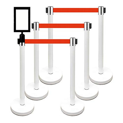 Retractable Stanchion, 6 SPECIALTY Posts + Signframe, 36" Ht, 78" Special Event & Holiday Theme Belt + Bonus Replacement Cassettes + Wall Receiver (WHT Post/Red Belt) - color: Wht Post/Red Belt