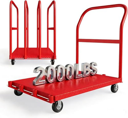 2000LBS Heavy Duty Folding Platform Truck - Side Handrails - 37x24 Inch All-Weather Flatbed Computer Tower Cart - 5" 360° Swivel Wheels - Easy Storage - Red - color: Red