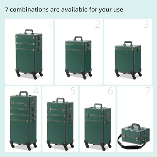 Somduy Makeup Train Case, Rolling Makeup Case with Lid, 5 in 1 Cosmetology Case on Wheels, Christmas Gift, Large Makeup Case Organizers, Profesional Cosmetic Case for Salon Barber, Green - color: Green