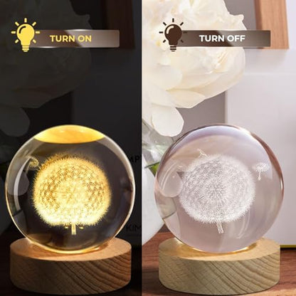 Flexzion 3D Dandelion Crystal Ball Night Light - LED Light Hologram Glass Lamp with Solid Wood Base, USB Powered Crystal Ball Lamp with Adjustable Brightness for Home Decor Display Gift, 2.4inch(60mm) | Dandelion Lamp with Solid Beech Wood Base and Adjust