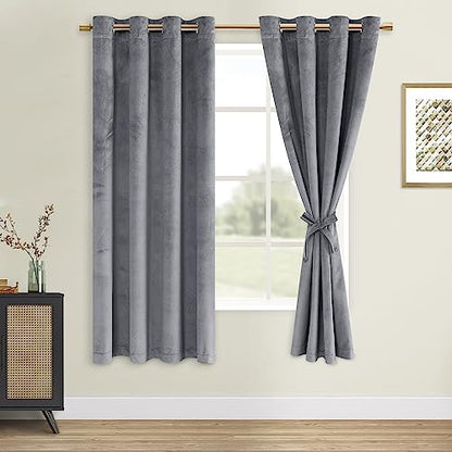 DWCN Grey Velvet Curtains 63 inches Long - Super Soft Tieable Grommet Blackout Thermal Insulated Curtain Panels, Window Drapes for Guest Room/Baby Nursery/Closet,W52 x L63, 2 Panels - color: Grey, size: 52"W x 63"L (Pack of 2)