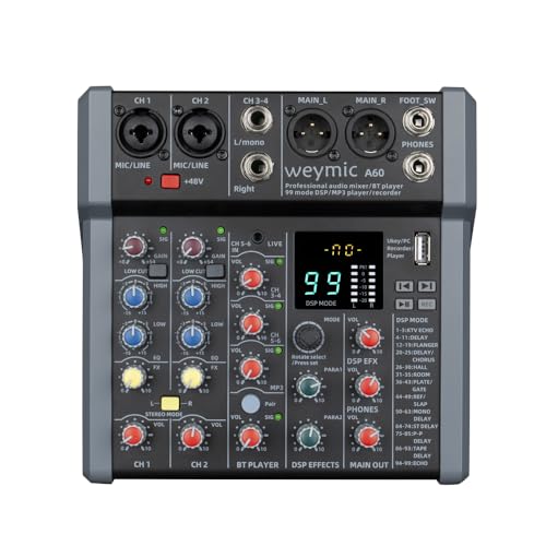 A-Series Professional Mixer for Recording DJ Stage Karaoke Music Application w/ 99 DSP Effect USB Drive for Computer Recording Input, XLR Microphone Jack, 48V Power for Professional (6-Channel)