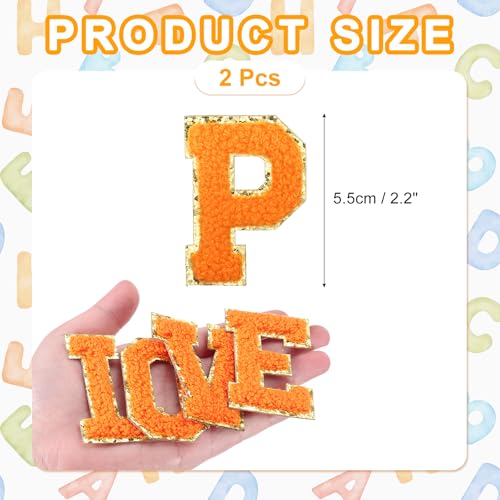 MECCANIXITY Chenille Letter Patches 2.2" Self Adhesive Alphabet P Stick on Embroidered Patch Sew on Letter Stickers Applique for Repairing Clothing Jeans Shoes Hats DIY(Orange, Pack of 2) - style: Letter-P
