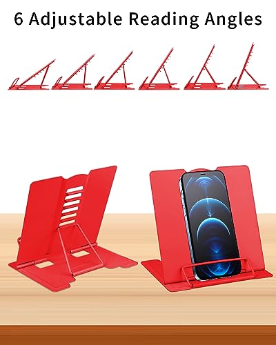 MSDADA Small Desk Book Stand Metal Reading Rest Book Holder Adjustable Cookbook Documents Holder Portable Sturdy Bookstands for Recipes Textbooks Tablet Music Books(Red) - color: Red