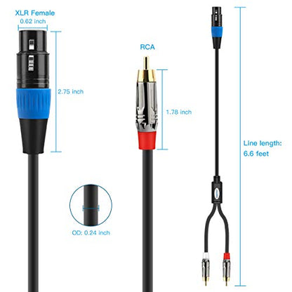 JOLGOO Unbalanced XLR Female to Dual RCA Y Splitter Breakout Cable, 1 XLR Female to 2 RCA Male Y Breakout Cable Adapter Cord, 6.6 Feet - size: 6.6 Feet, style: XLR Female to Dual RCA Male